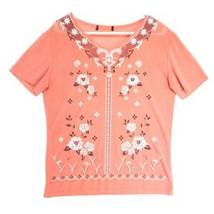 Hand‎ Painted Ribbed Satin Stretchy Semi Sheer Coral Glitter Top Womens M L OOAK